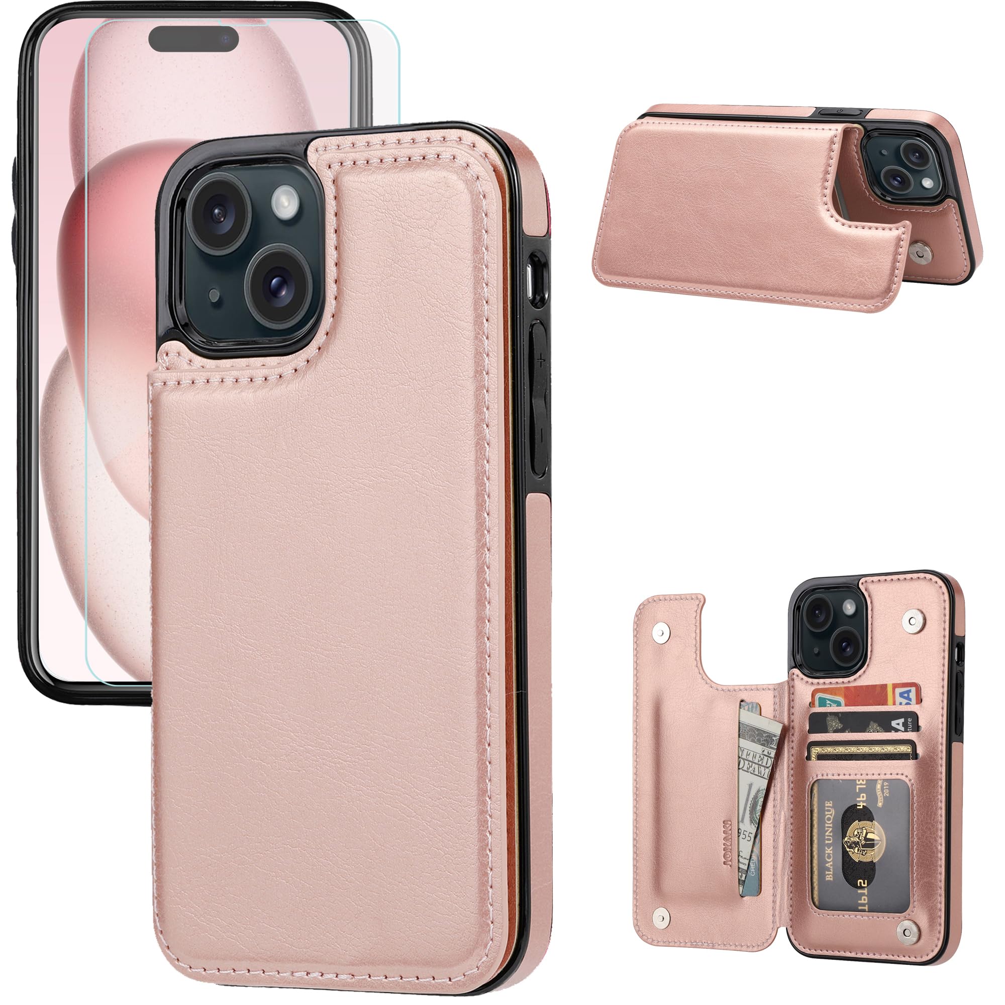 JOYAKI Compatible with iPhone 15 Plus 6.7” Wallet Case +1 Screen Protector, Slim Protective case with Card Holder, PU Leather Kickstand Card Slots