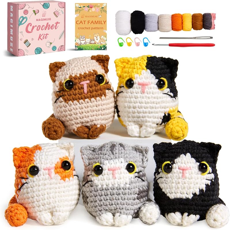 MAGIMUSE Crochet Kit for Beginners, 5 Cat Crochet Amigurumi Craft Kit | Includes Step-by-Step Video Tutorials, 40% More Yarn and DIY Crochet & Knitting Supplies for Beginner Animal Projects.