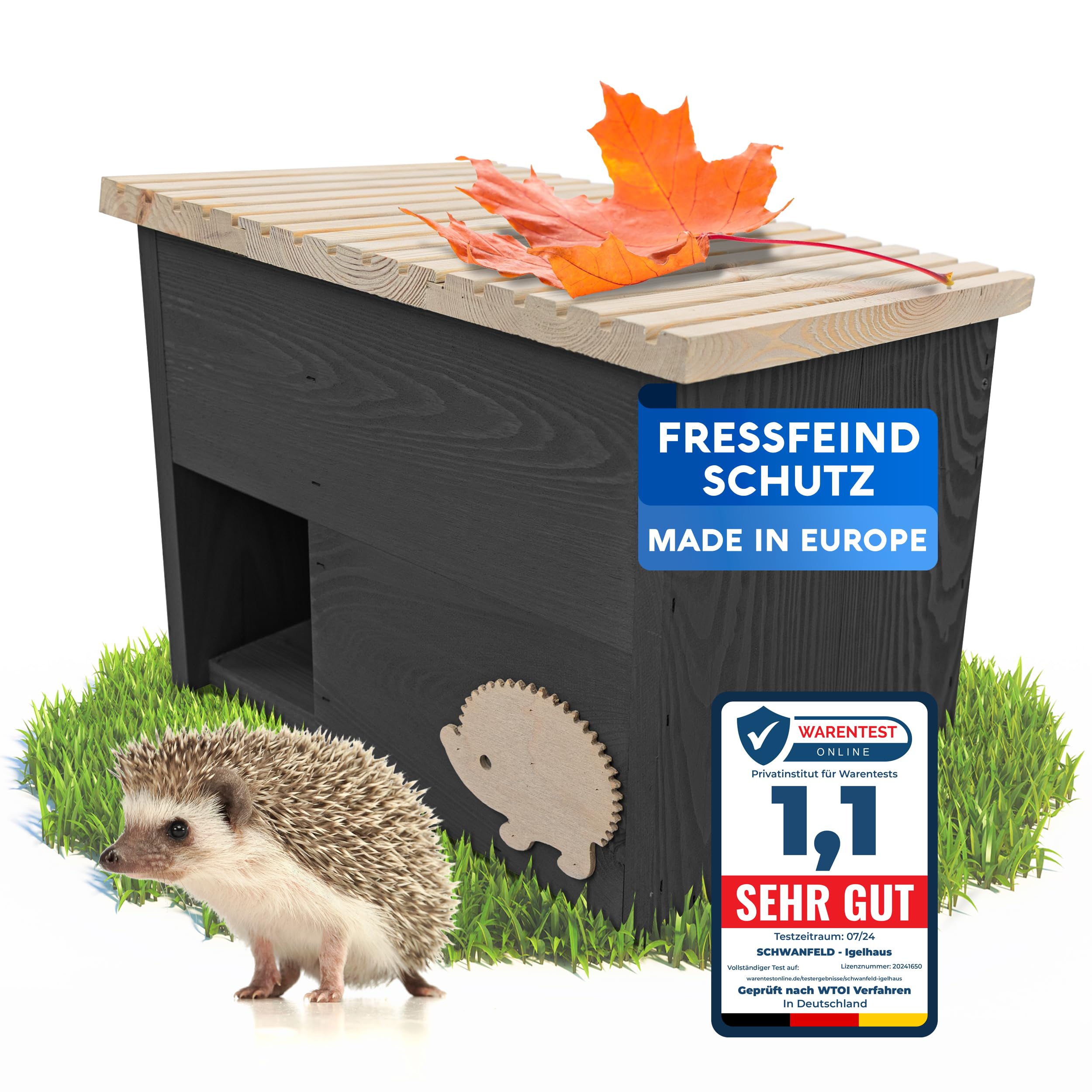 SCHWANFELD Igelhaus Winterfest mit Boden Labyrintheingang Premium Igelfutterhaus Igel Haus Schlafhaus