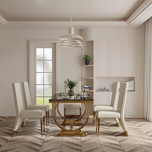 Miniatura 3 de Anewsun Juego de mesa de comedor de 7 piezas, color negro y dorado, mesa de comedor con textura negra con 6 sillas tapizadas de cuero blanco, juego