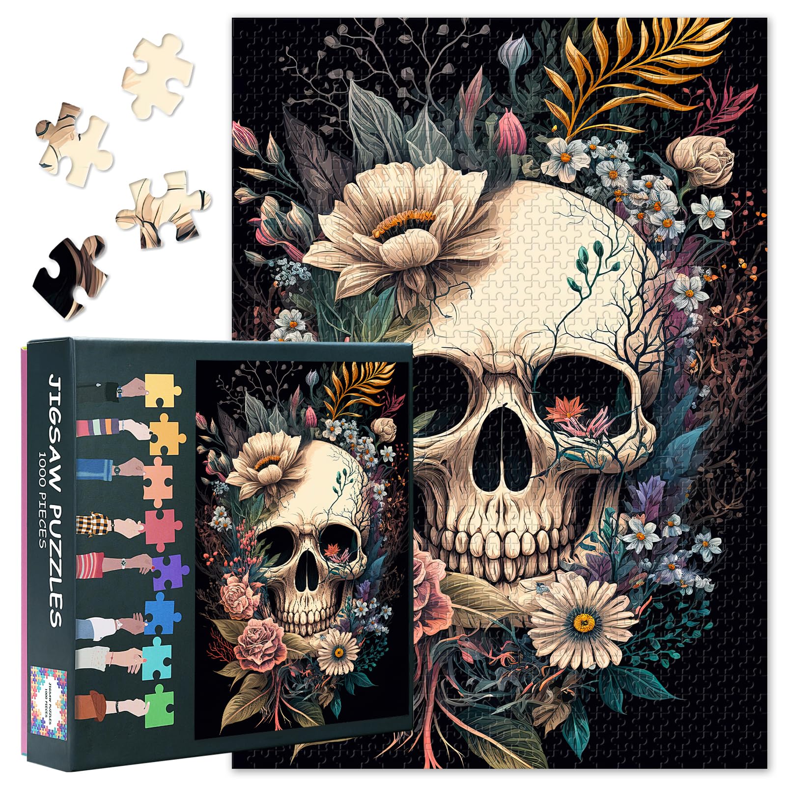 1000 Piece Puzzle for Adults, Jigsaw Puzzles 1000 Pieces for Adults - Skull and Floral Artwork, Vibrant Design, Premium Puzzle Board, Coolest Adult Puzzles - 27.5x19.7 inches
