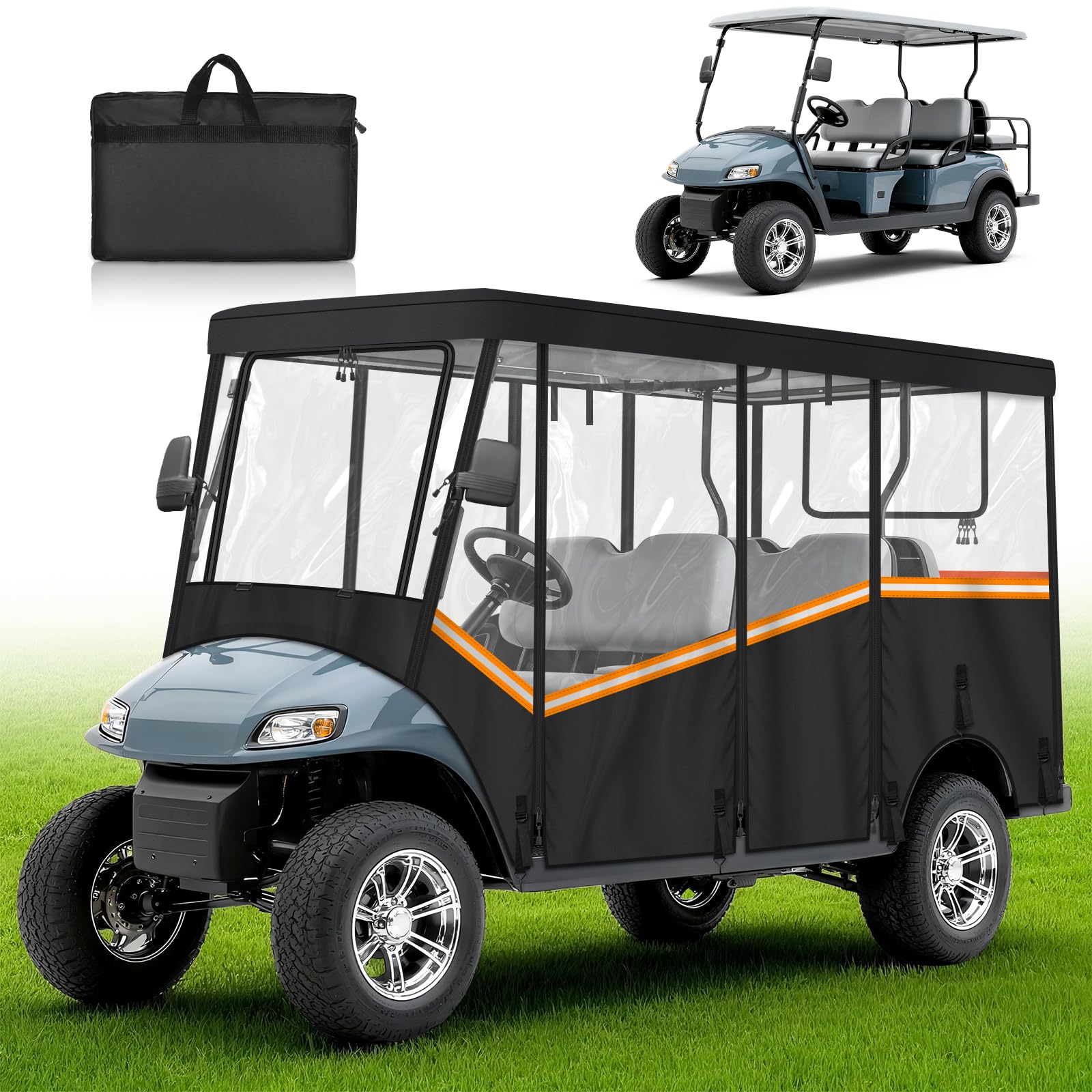 Golf Cart Enclosure for 6 Passenger 600D Waterproof Golf Cart Rain Cover with Clear PVC Windshields Compatible with