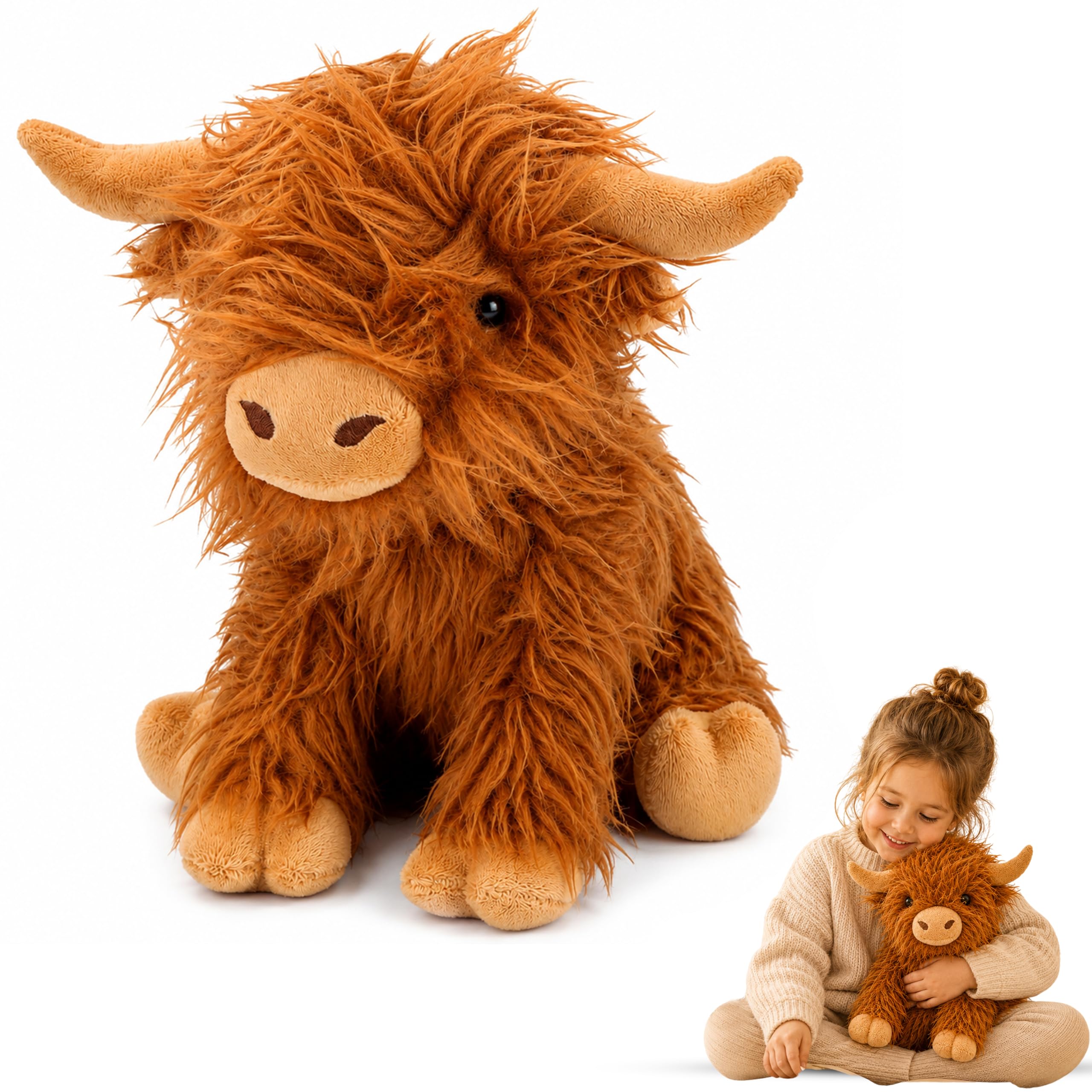 SRV Hub Highland Cow Plush Toy 23cm - Soft Fluffy Scottish Cow Teddy, Cute Farm Animal Gift for Kids Boys or Girls and Animal Lovers, Soft Plushie, Companion for Playtime, Bedtime and Travel