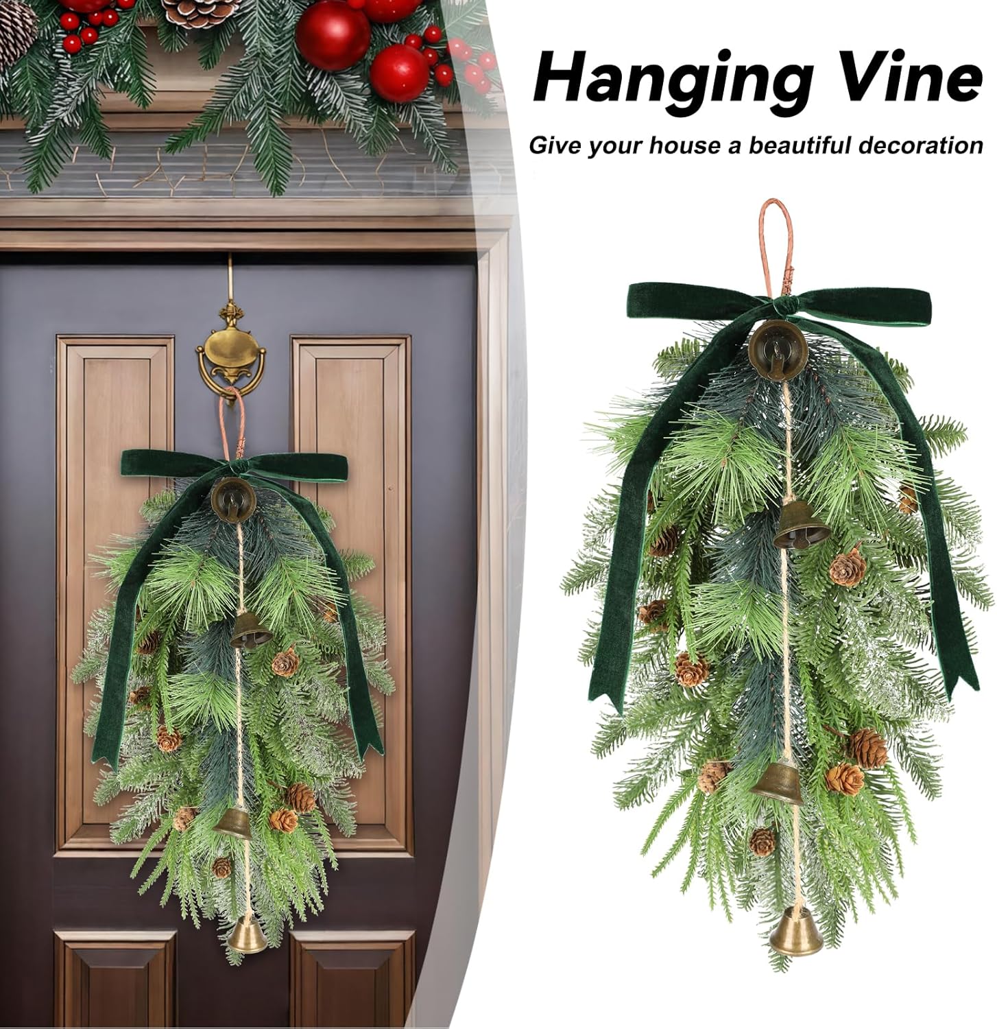 2 Pcs 22 Inch Artificial Teardrop Swag - Faux Pine Greenery Wreath with Green Velvet Bow for Door, Mantel, Fireplace Indoor Outdoor Winter Decor