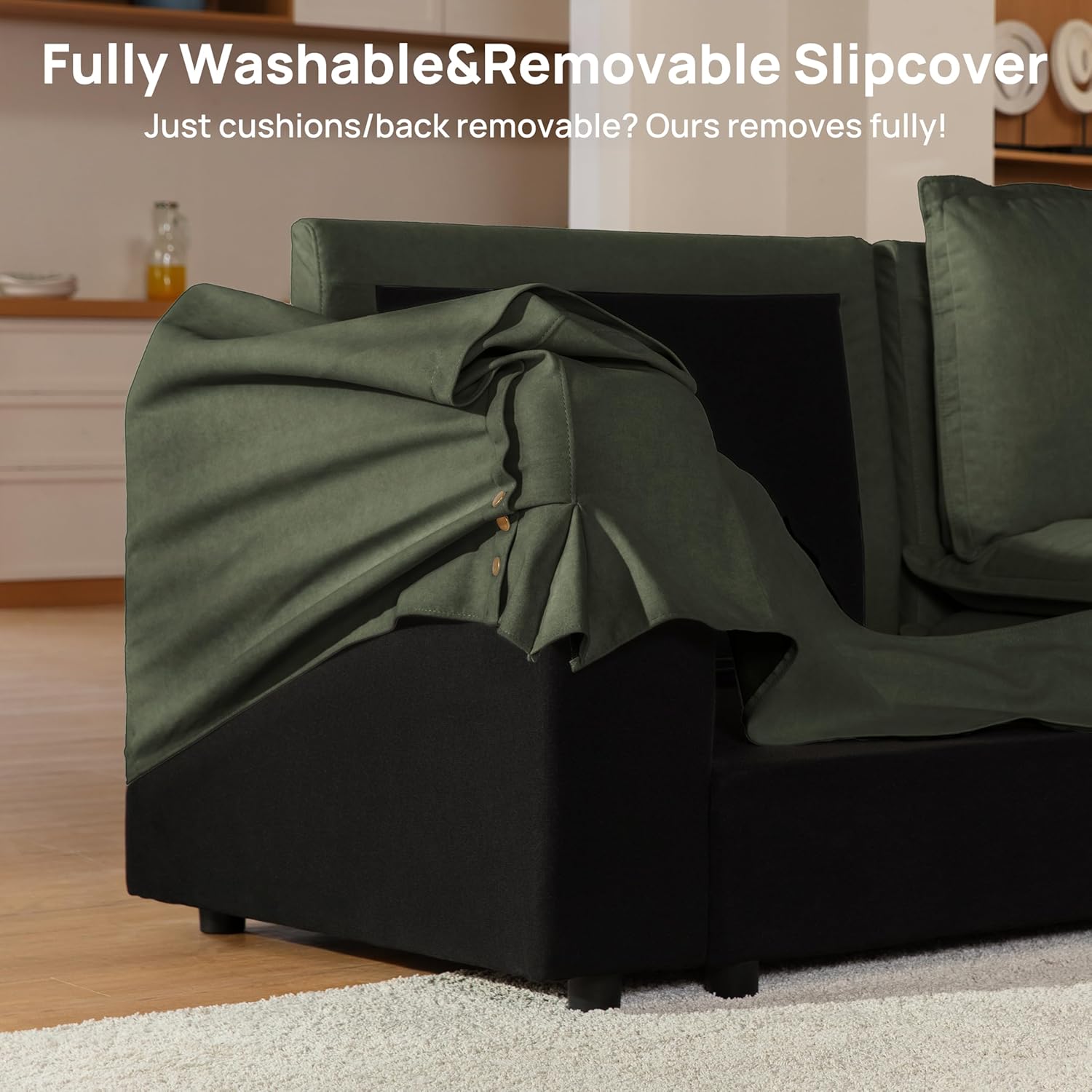 162.2" Washable Oversized Modular Sectional Sofa, Cloud Couch with Fully Removable Cover, Comfy Sectional Couches for Living Room, Performance Fabric, Green, 4-Seater with 2 Storage Ottoman,U-Shaped | Fully Washable Cover, Performance Fabric, 36.6” Oversized Seat, Storage Ottoman, Tool-Free Install