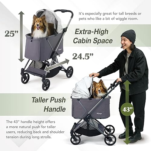 Miniatura 2 de ibiyaya Maxi - Cochecito profundo para mascotas para gatos y perros pequeños, ruedas de goma sin planas, plegable con una sola mano, cabina extra