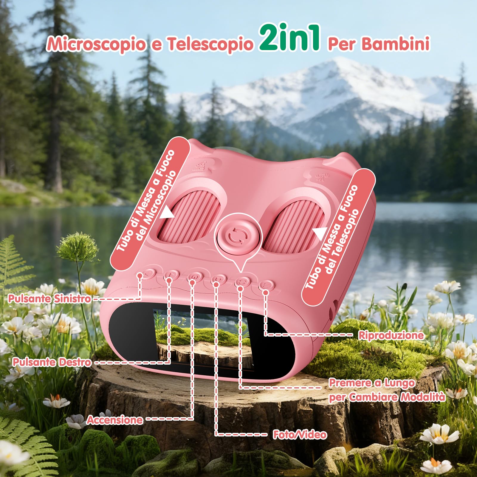 2 in 1 Microscopio Bambini e Telescopio, Microscopio Digitale Bambini con Scheda 32GB, 1000X Microscopio Portatile con Schermo IPS da 2,0 Pollici e 8 Luci LED, Regalo per Bambini dai 3 Anni