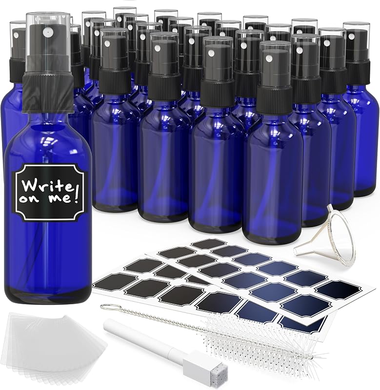 Nevlers Frascos Spray de Vidro Azul-Cobalto 60 mL com Pulverizador, Pacote com 24