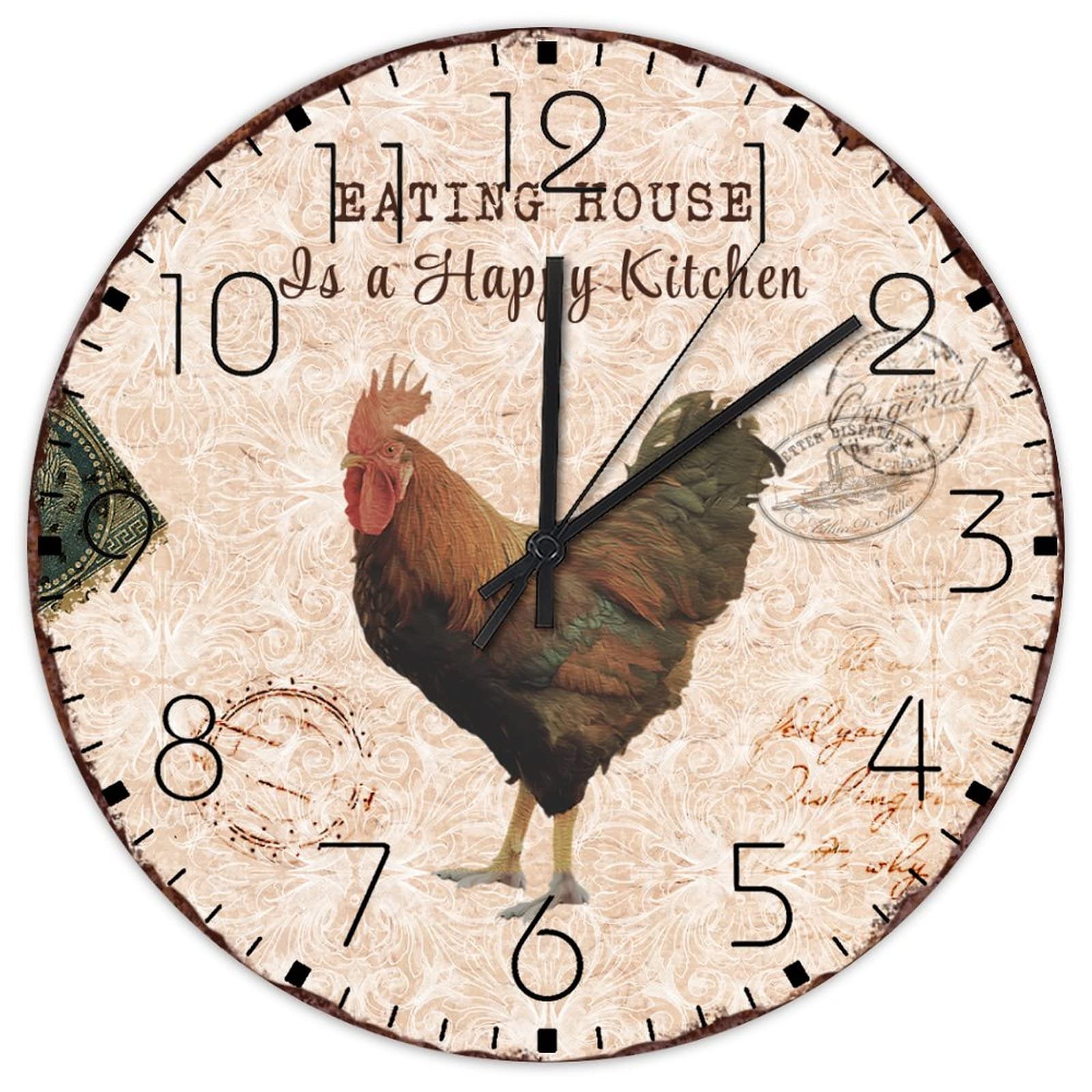 Horloge murale silencieuse sans tic-tac en bois décor coq de 38 cm