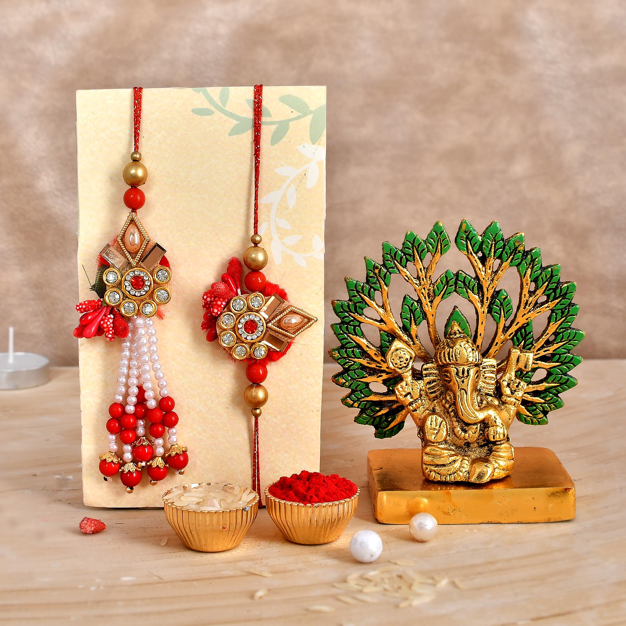 CraftVatika Rakhi Gift Combo for Brother Bhaiya and Bhabhi | Rakhi Set of 2 for Bhaiya Bhabhi | Rakhi with Ganesha Idol Gift | Premium Kundan Rakhi