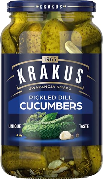 Krakus Pickled Dill Cucumbers 920g - Sweet & Sour Taste - Crispy Gherkins - Delicious Condiment - Ready to Serve - Glass Jar