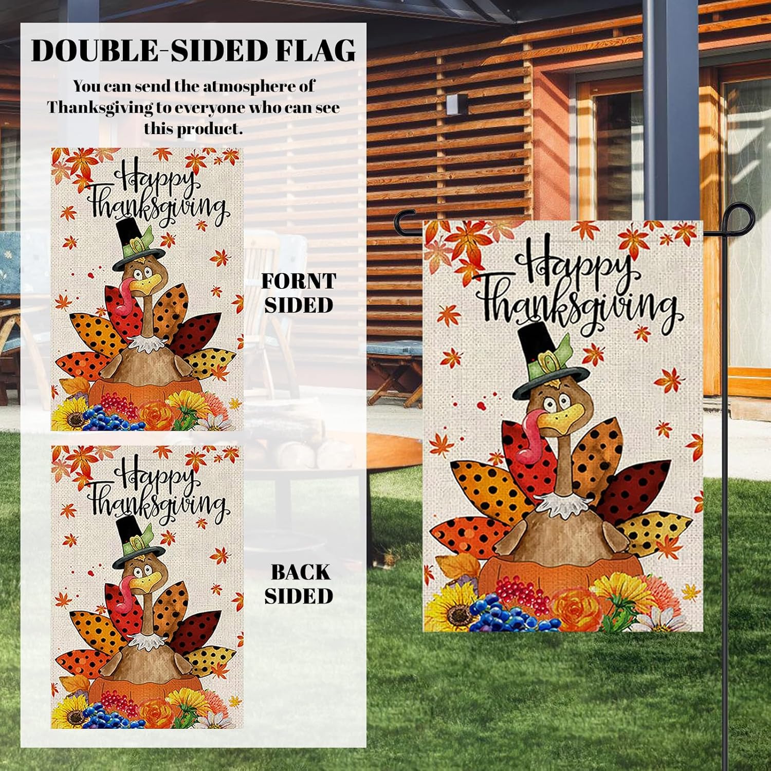 Happy Thanksgiving Garden Flag Vertical 12x18 Inch Double Sided Fall Style,Turkey Fall Garden Flag for Thanksgiving Day Harvest Autumn Yard Outdoor Decor - Image 3