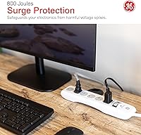 Vista 6 de GE 61291 Alargador con protector contra sobretensiones, cable de extensión de 25 pies, extensor de 6 tomas, 800 julios, enchufe plano, cubiertas