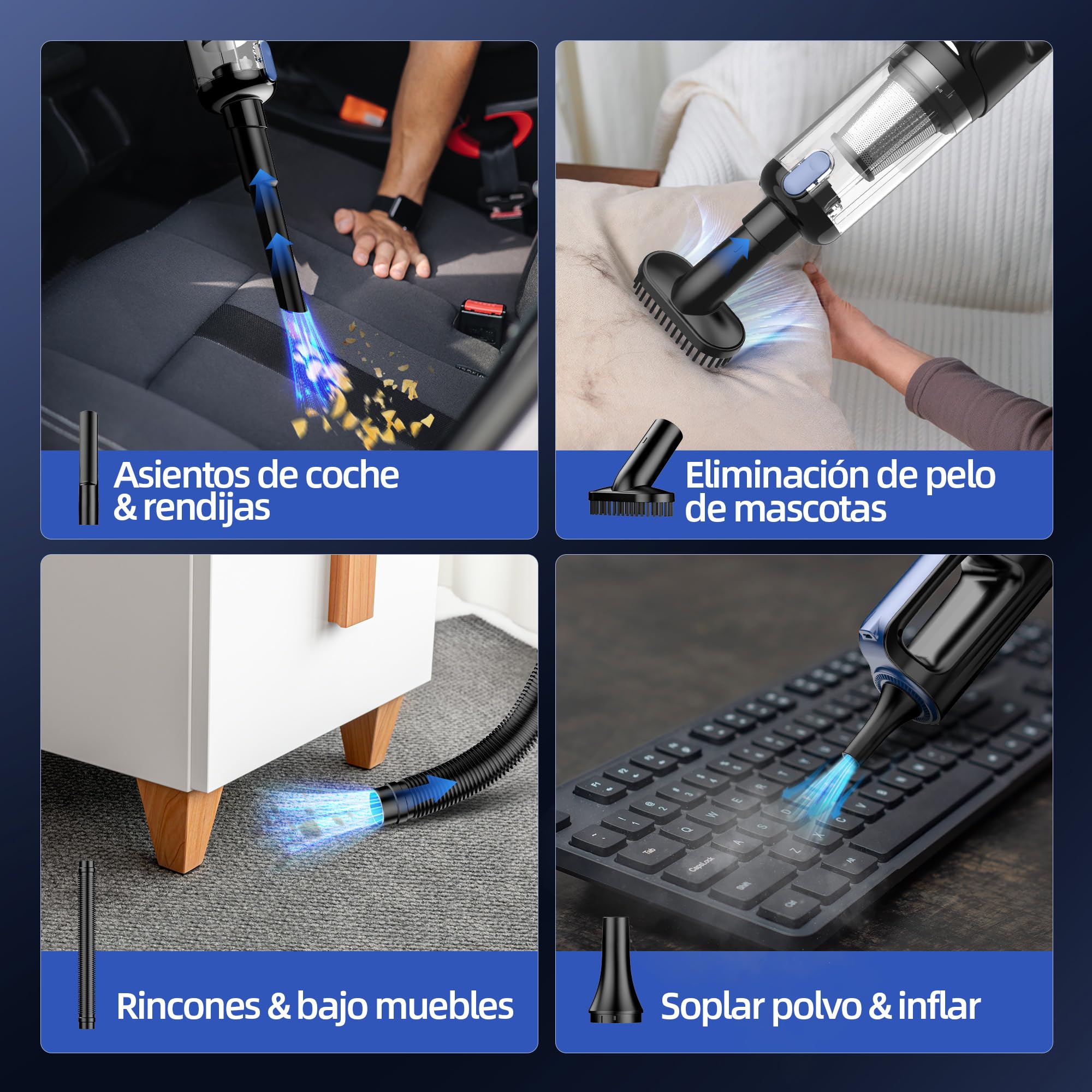 Aspiradora Coche Inalámbrica 2 en 1 18000Pa – Soplador y Aspirador Potente con Motor Brushless 130W, Ligera, Batería 7800mAh y Accesorios para Limpieza Auto y Hogar