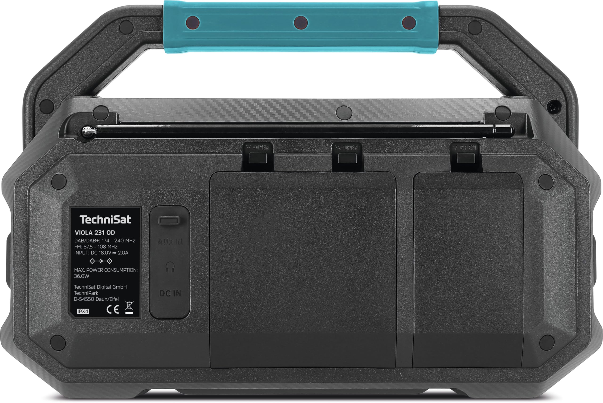 TechniSat Viola 231 OD – Radio Compatible con batería Makita (Dab+, FM, AUX in, Bluetooth, IPX4 a Prueba de Salpicaduras, 2 Altavoces estéreo de 15 W)