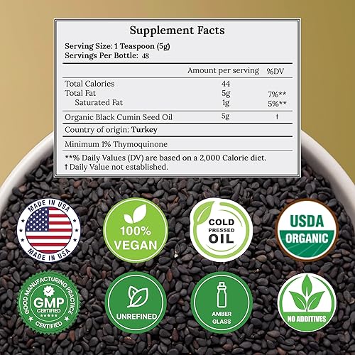 Miniatura 2 de Aceite de semilla negra orgánico prensado en frío sin refinar, botella de vidrio  Aceite de semilla de comino negro orgánico certificado USDA  Alto