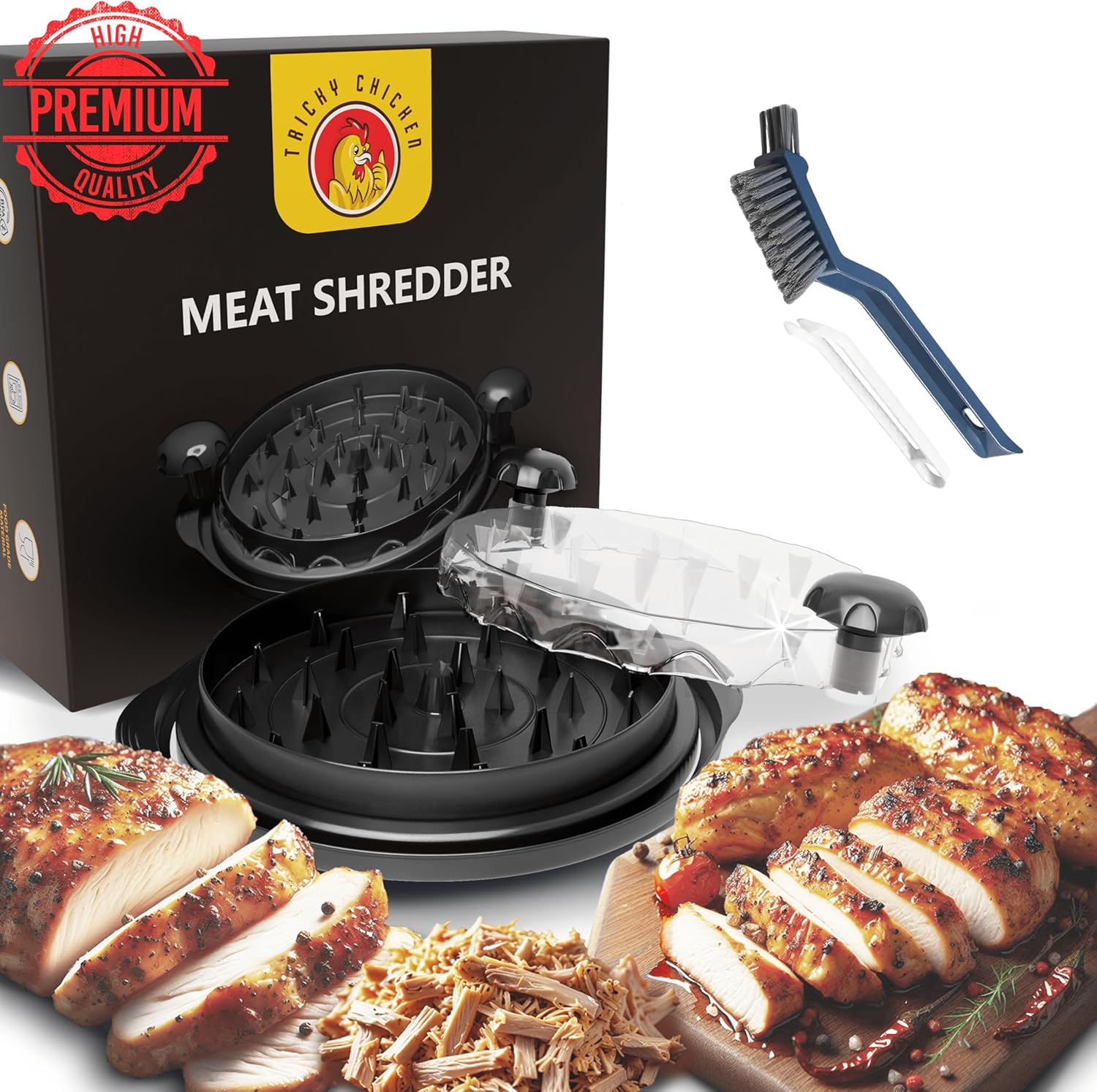 Easy Chicken Shredder Tool with Twist Action - BPA-Free, Large 11", Non-Slip, Dishwasher Safe, Clear Top, Cleaning Brush, Classic Black with Manual. For Meat, Beef, Pork from Tricky Chicken