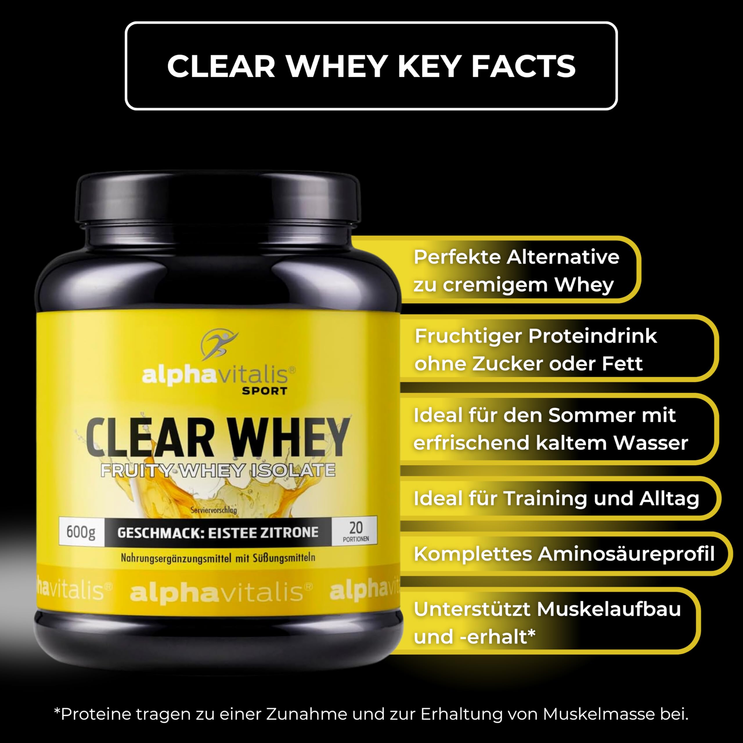 Clear Whey Isolate Pulver Eistee Zitrone – 600g fruchtiges Proteinpulver | Leckere Proteinlimo für Intra- und Post-Workout – erfrischende Alternative zu klassischem Whey Protein Pulver mit Milch