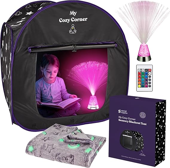 Special Supplies Blackout Sensory Tent for Kids, Pop Up Calming Play Room with Fiber Optic Lamp and Glow-in-The-Dark Fuzzy Blanket