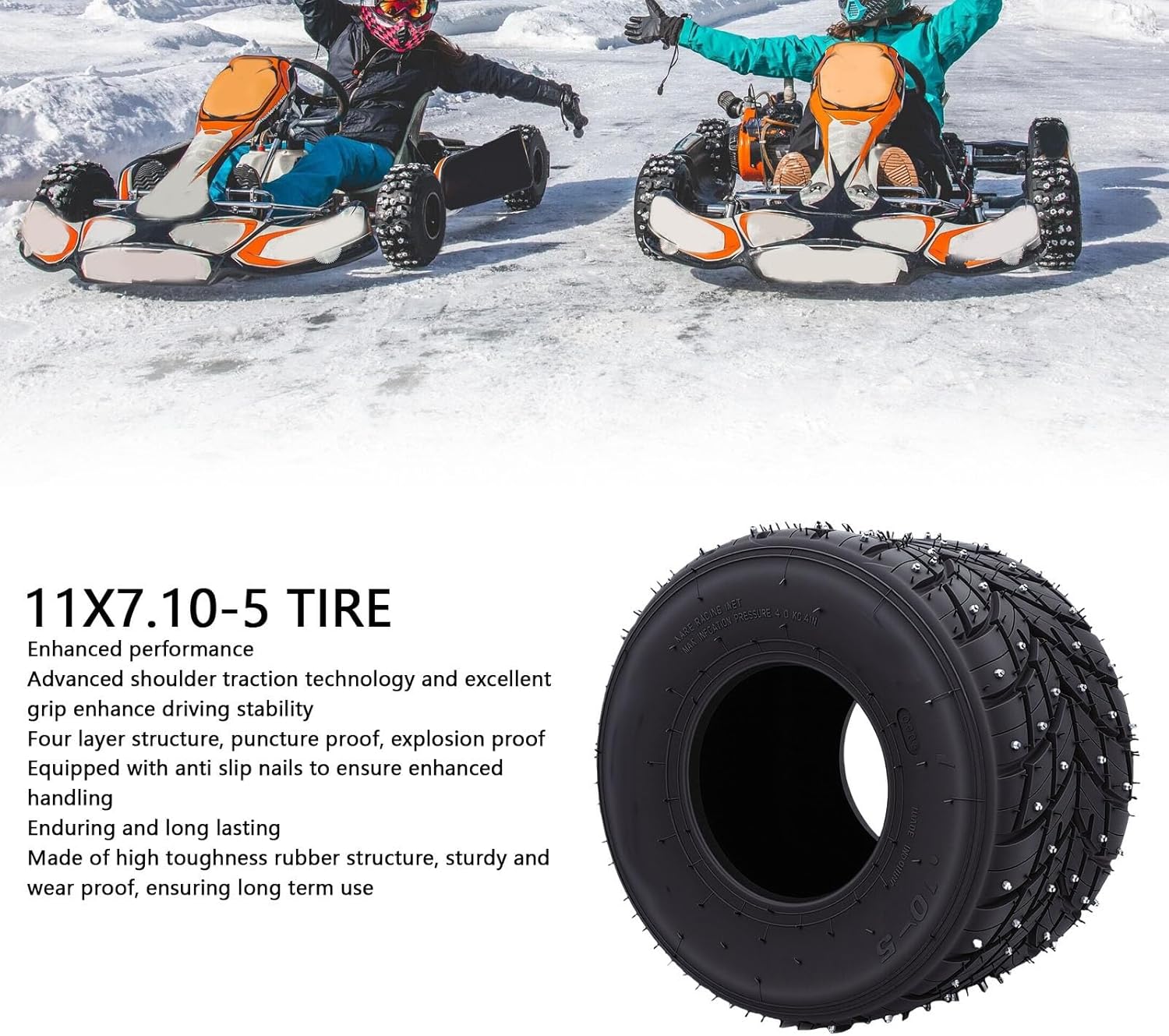 Luocute 11x7.10-5 Tire, Anti Slip Rubber Go Kart Vacuum Tubeless Snow Tire with Anti Skid Nails for Drift Trikes and Go Karts