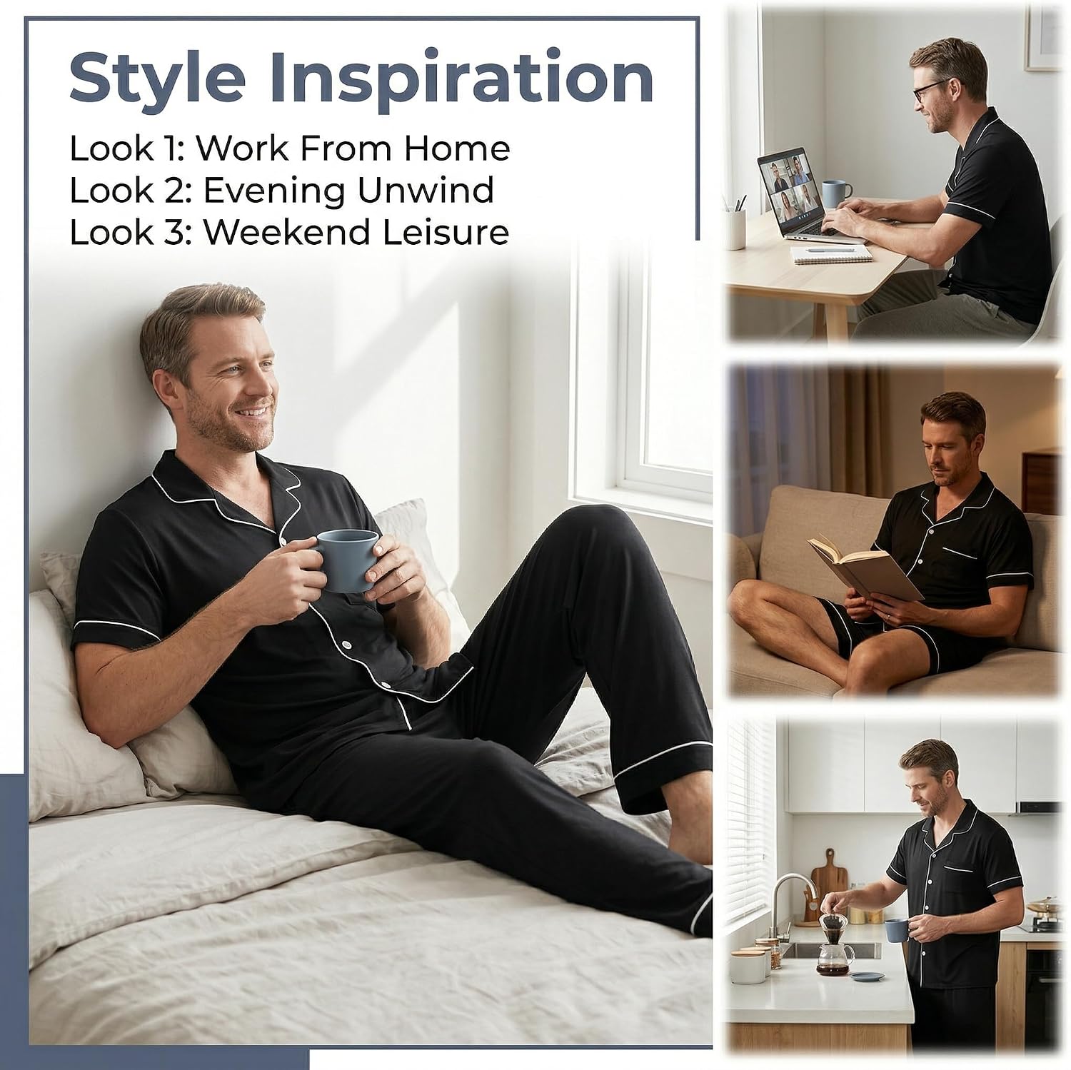 LANKMEI Men's Bamboo Viscose 3-Piece Pajama Set Short Sleeve Sleepshirt with Shorts & Long Pants, Summer Fall Loungewear