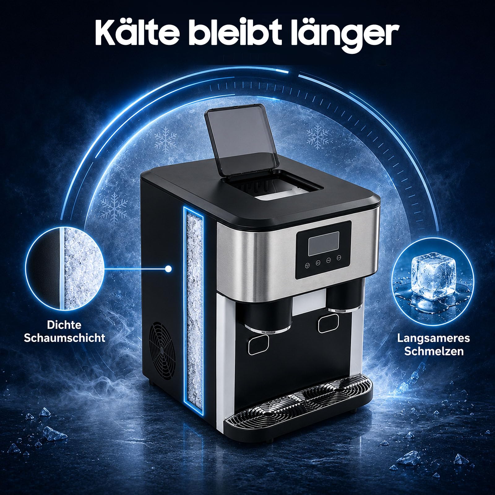 Máquina de hielo 3 en 1: máquina de hielo picada para hielo picado y cubitos de hielo, 10-15 kg de hielo al día en 8-12 minutos, 16 cubitos de hielo con control táctil LCD intuitivo, portátil y