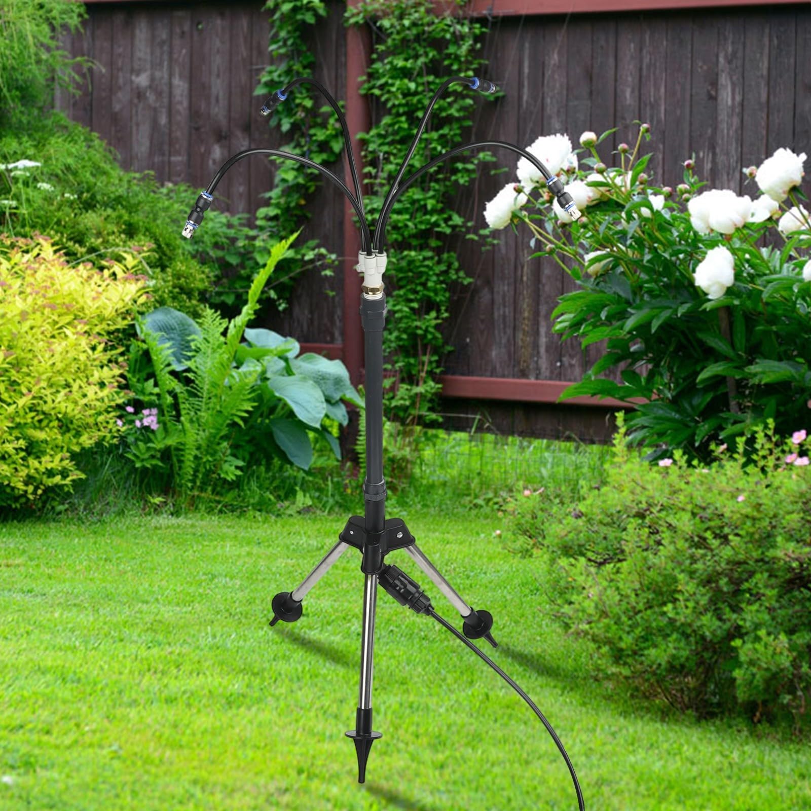Outdoor Misting System with Adjustable Height, 360 Degree Flexible Spray Tripod Stand, Brass Nozzle Low Pressure Cooling Kit for Patio Pool Garden Yard Deck BBQ