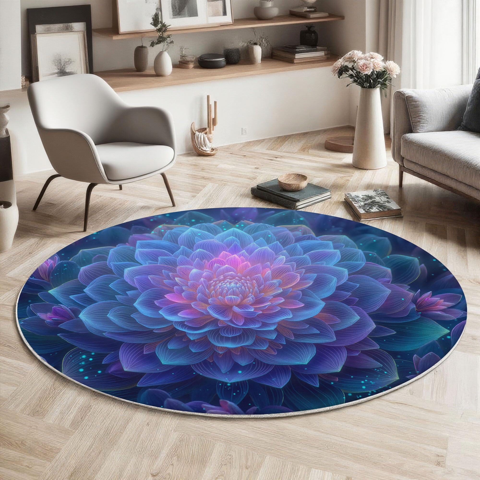 Néon Mandala Tapis Rond Salon 180cm, Art Psychédélique Abstrait Antidérapant Poils Courts Tapis De Sol Ronds Décoration, pour Salon Chambre Cuisine Balcon Terrasse, Bleu