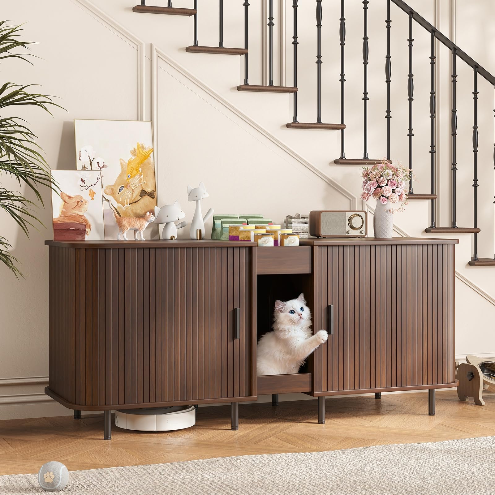 Double Litter Box Enclosure for 2 Cats, 55" Litter Box Furniture Hidden with Cat Scratch Pad, Large Indoor Cat House with Double Room, Wooden Litter Box Cabinet, TV Stand, Walnut