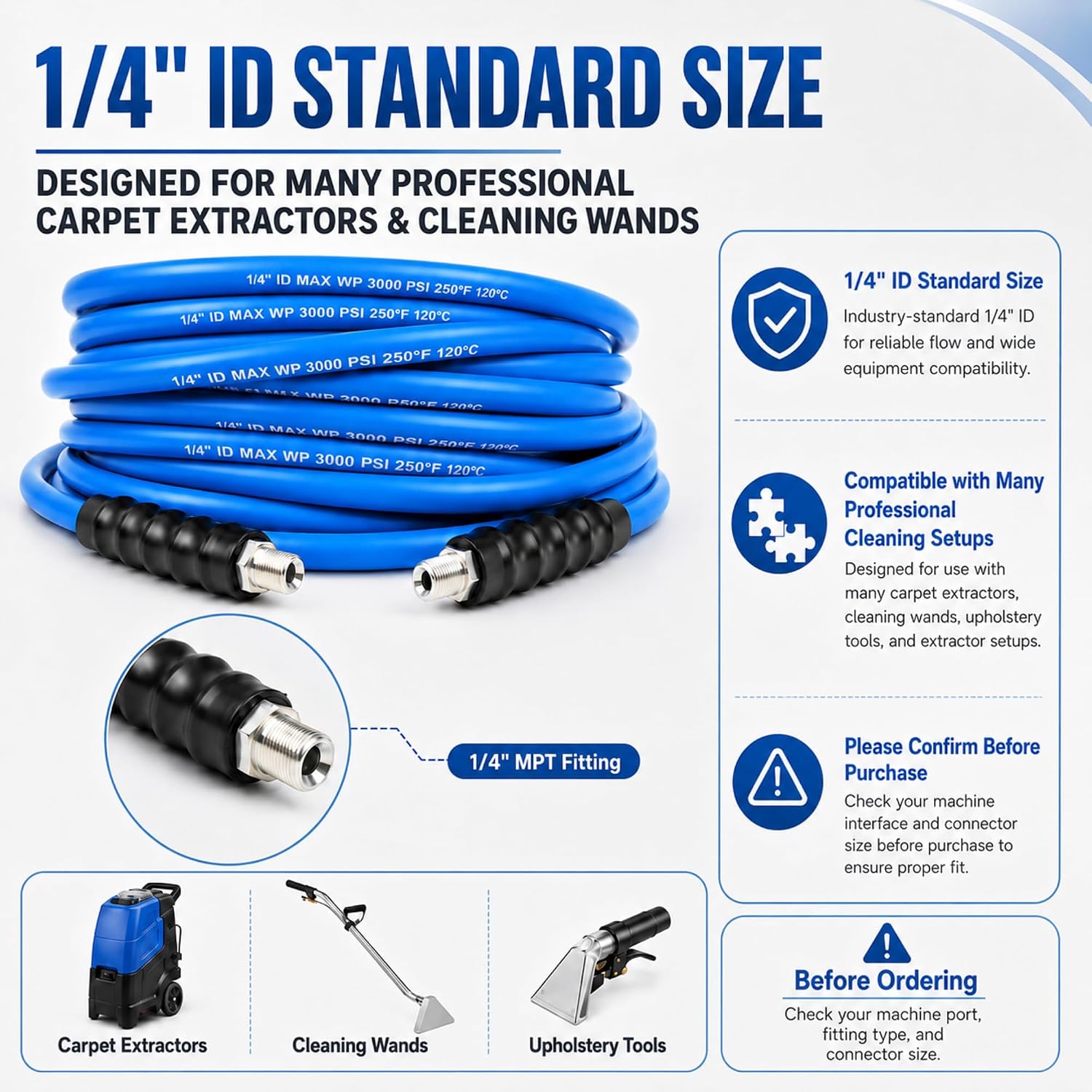 1/4" x 50' Blue Carpet Cleaning Solution Hose, 3000 PSI 250°F Rated Steel Braided High Pressure Line for Commercial Extractors, Non-Marking Hose with 1/4" MPT & PVC Bend Restrictors image 4