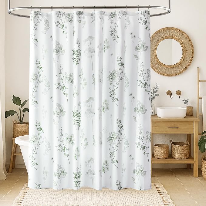Sage Green Boho Watercolor Floral Shower Curtain,Eucalyptus Botanical Fabric Shower Curtains for Bathroom,Light Green White Nature Plant Cottage Core Bath Curtain for Farmhouse Decor with Hooks 72x72