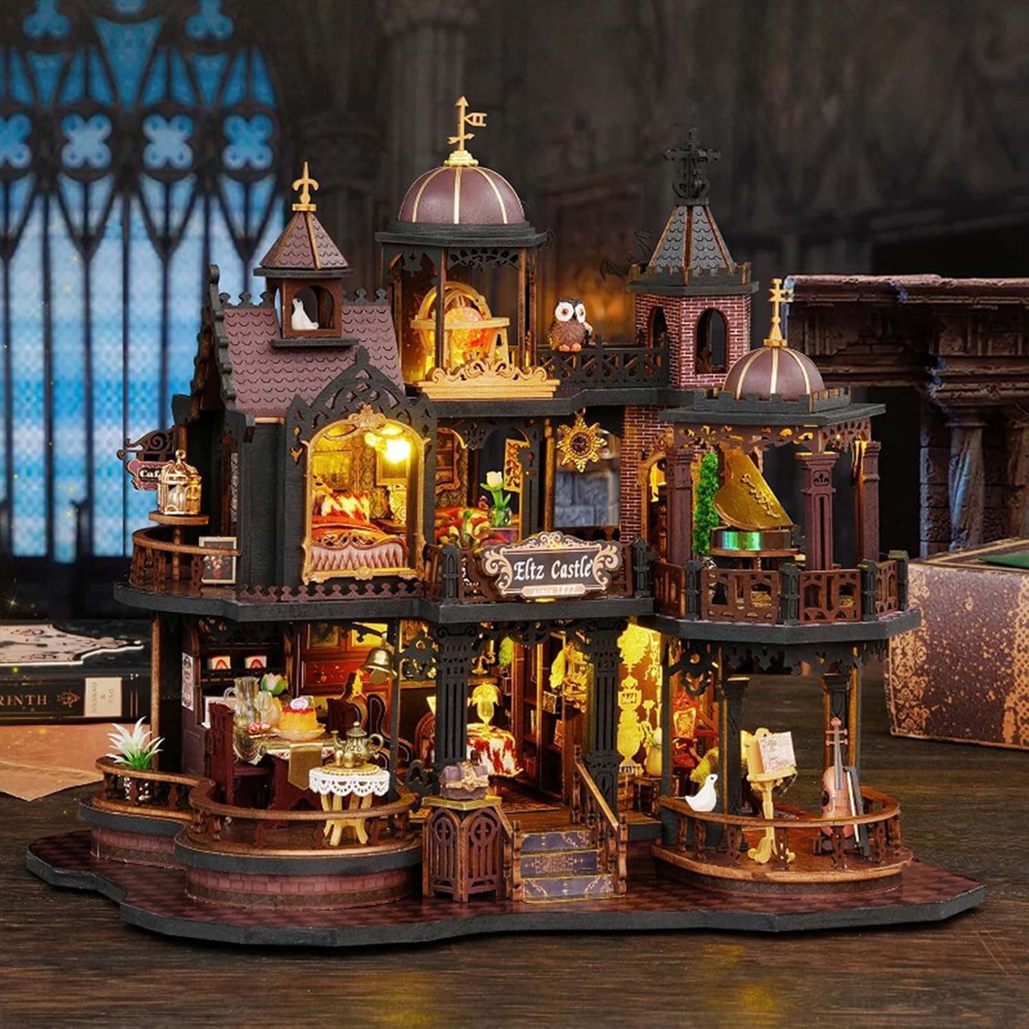 DIY Edinburgh Castle Dollhouse 3D Wooden Puzzle Building Model with LED Book Nook for Gift