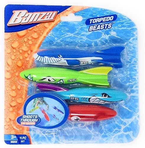 Banzai Juguetes de buceo en piscina, bestias torpedas, tiburones, 4 en un paquete, a partir de 3 años