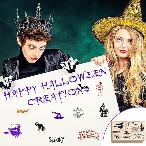 Miniatura 7 de Woanger 15 sellos de goma de madera de Halloween y almohadillas de tinta para manualidades, sellos de tarjetas de manualidades, sellos de goma de