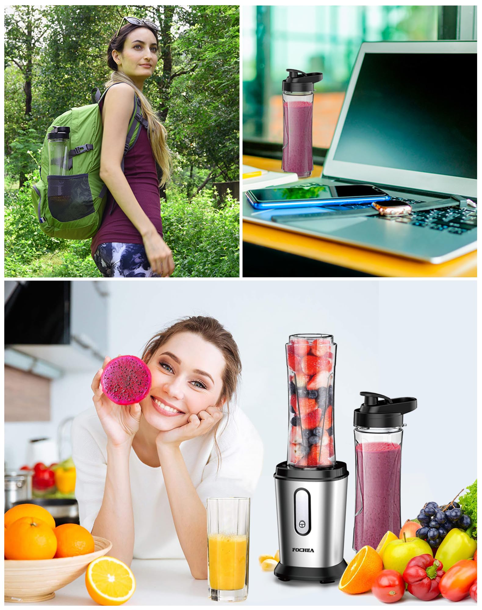 Frullatore, 500W Mini Portatile Frullatore Smoothie con 2 Bottiglie Portatili 600ml, Frullatore Tritatutto Multifunzione per Gelato, Frutta, Verdura (Argento E Nero)
