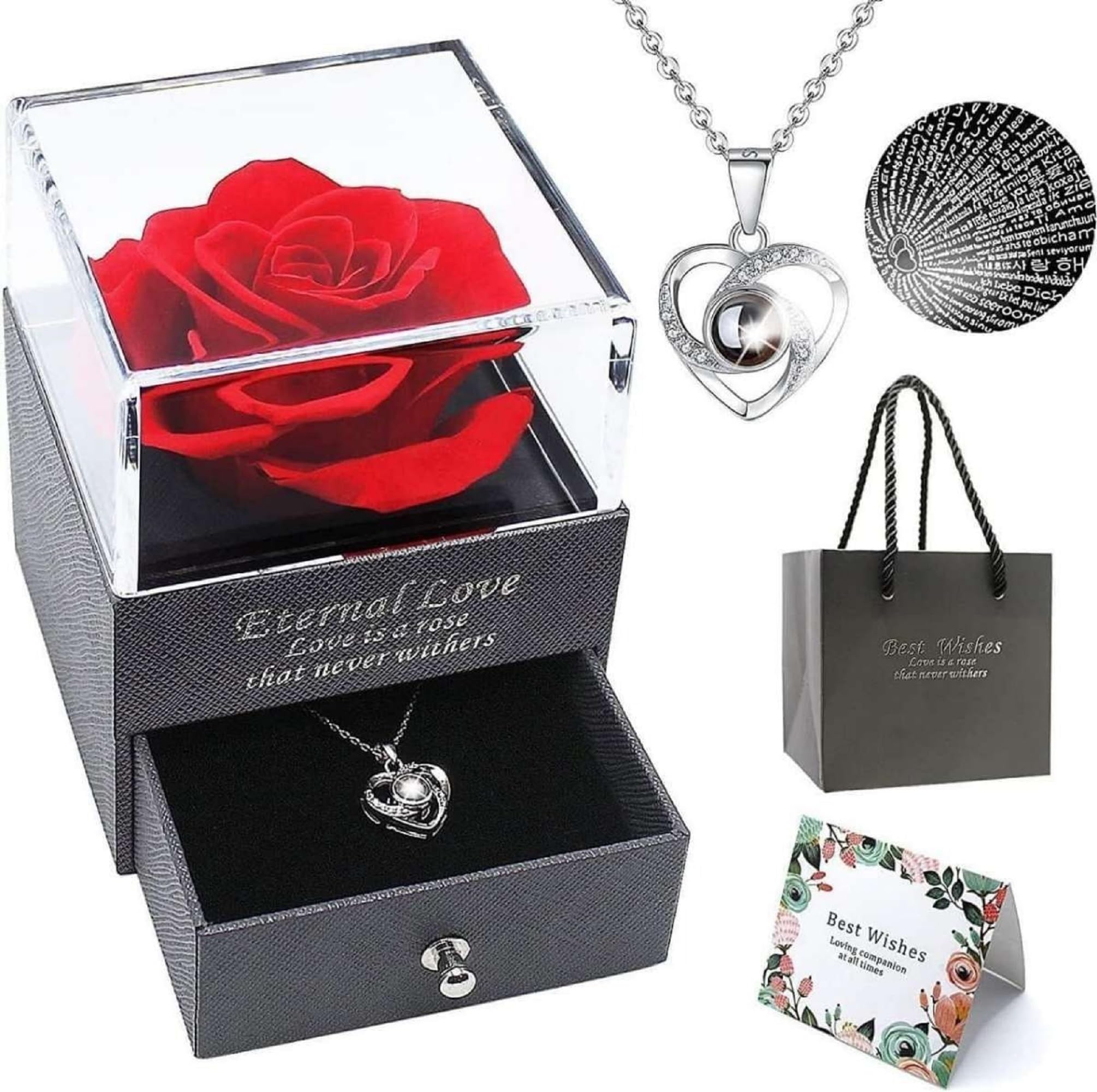Preserved Red Rose Gift Box with Heart Projection Necklace, Eternal Rose Jewelry Gift Set with Bag & Greeting Card, Romantic for Wife, Girlfriend, Mom, Sister, Birthday, Anniversary, Valentine's Day-image-12