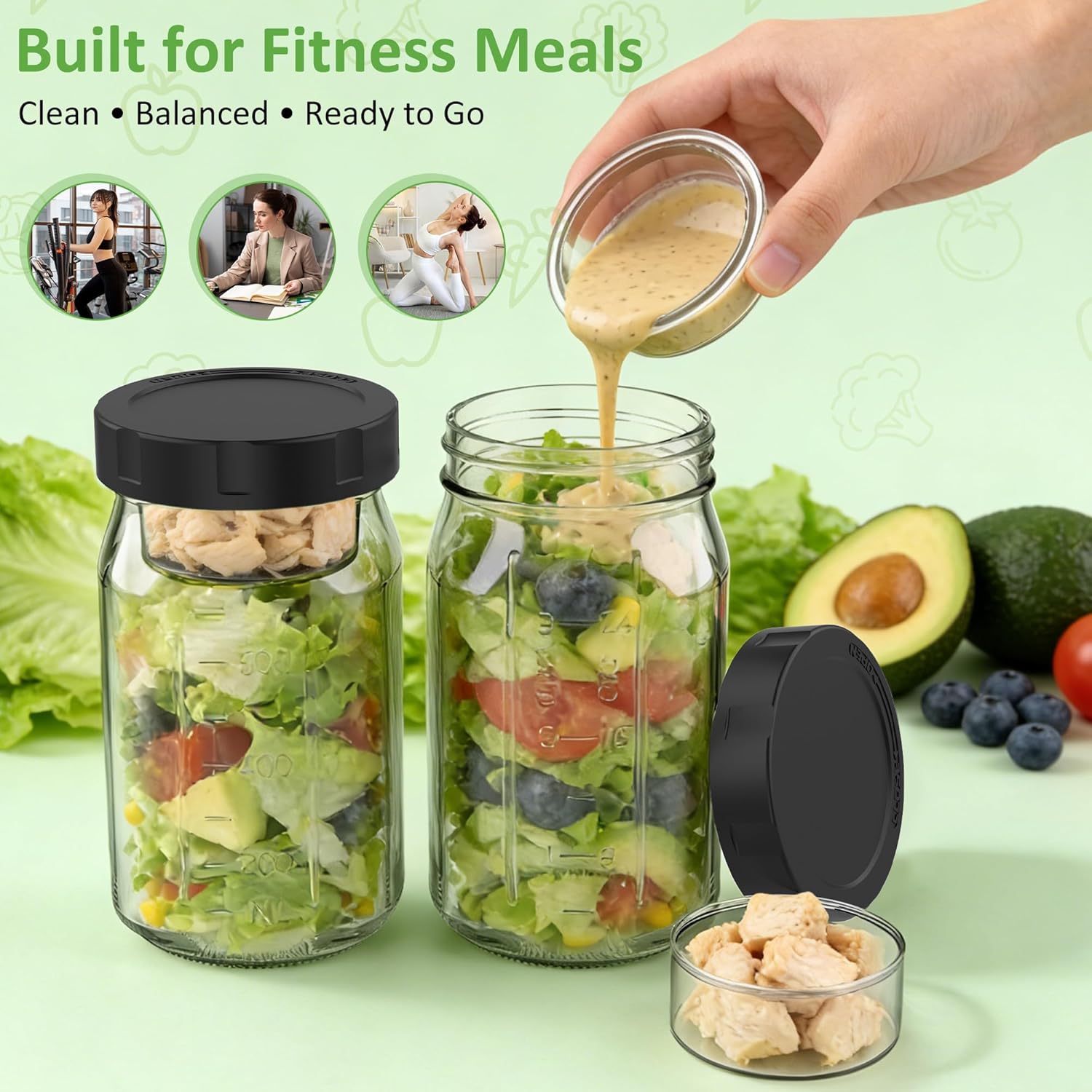 4Pack Glass Salad Jars with Lids, 32oz Salads Mason Jars with Wet/Dry Separation Cup, Meal Prep Salad Containers for Lunch, Leakproof Wide Mouth Food Storage Containers, BPA-Free Reusable (Black) - Image 4
