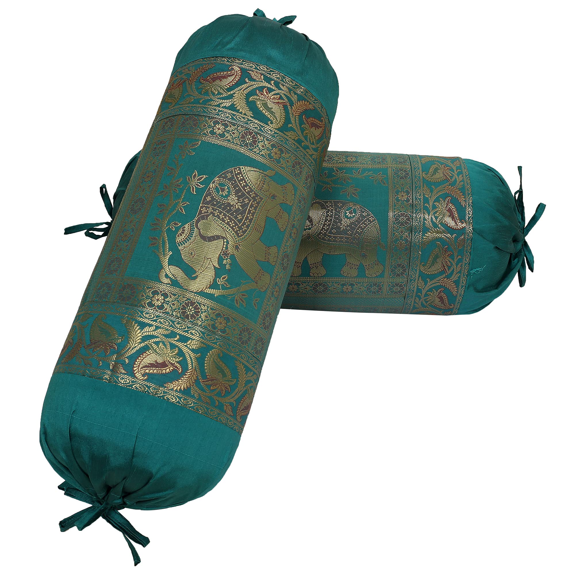 DK Homewares Ethnic Jacquard Brocade Silk Bolster Tube Pillow Covers Elephant Dark Green Yoga Massand Living Room Decorative Cylindrical Hotdog Traditional Throw Pillowcase 76x38 cm - Set of 2 Pcs