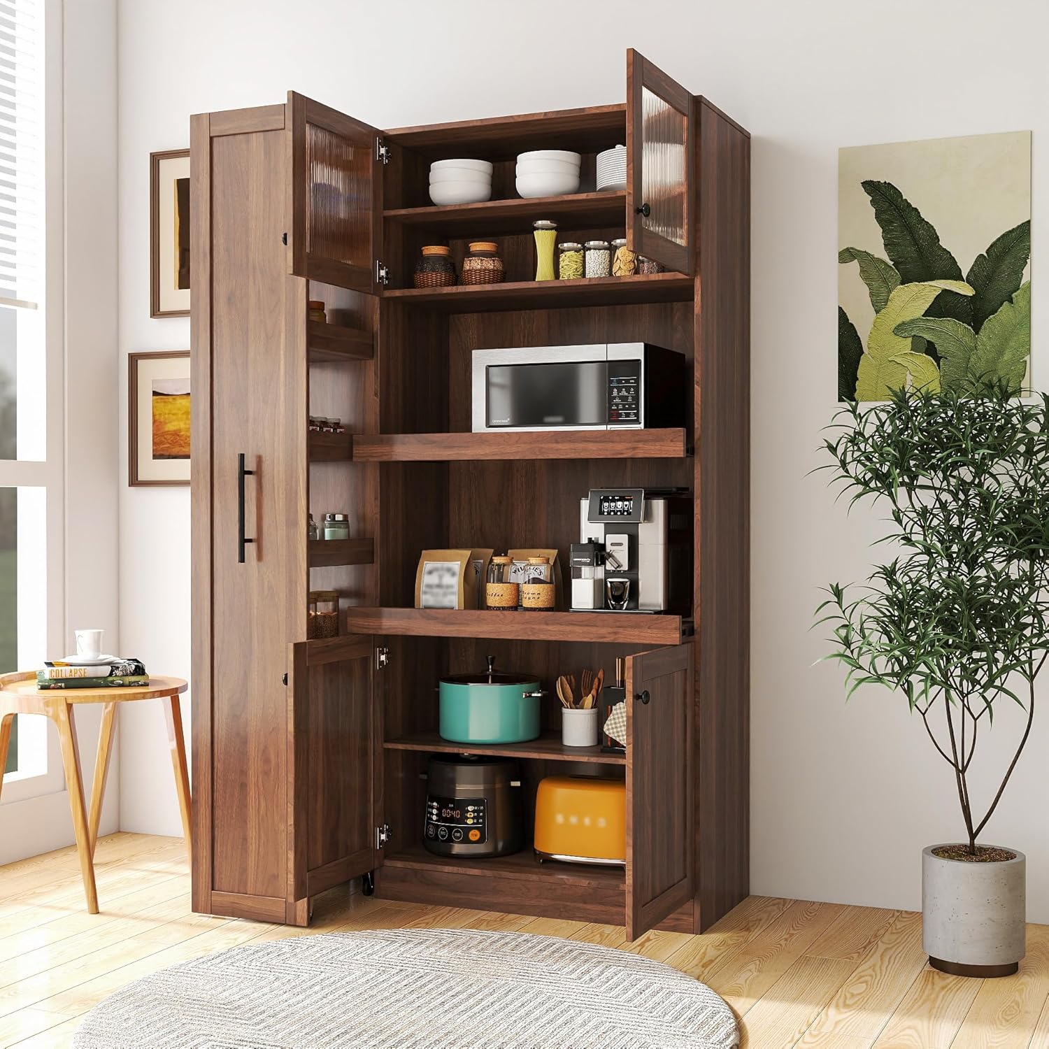 Jmyab 70.87" Kitchen Pantry Cabinet, Kitchen Pantry Cabinet with Storage Shelves, Farmhouse Storage with 4 Doors, Tall Organizers for Living Room Dining Room, Walnut
