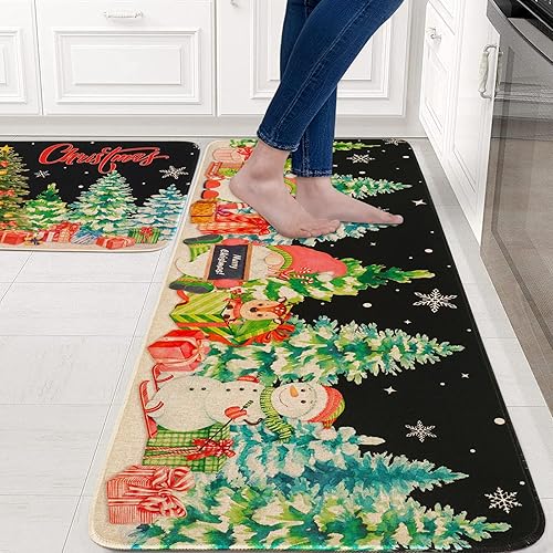 Miniatura 7 de ASPMIZ Juego de 2 alfombras y tapetes de cocina con texto en inglés "Merry Christmas", antideslizantes, tapete de cocina de bajo perfil, diseño de