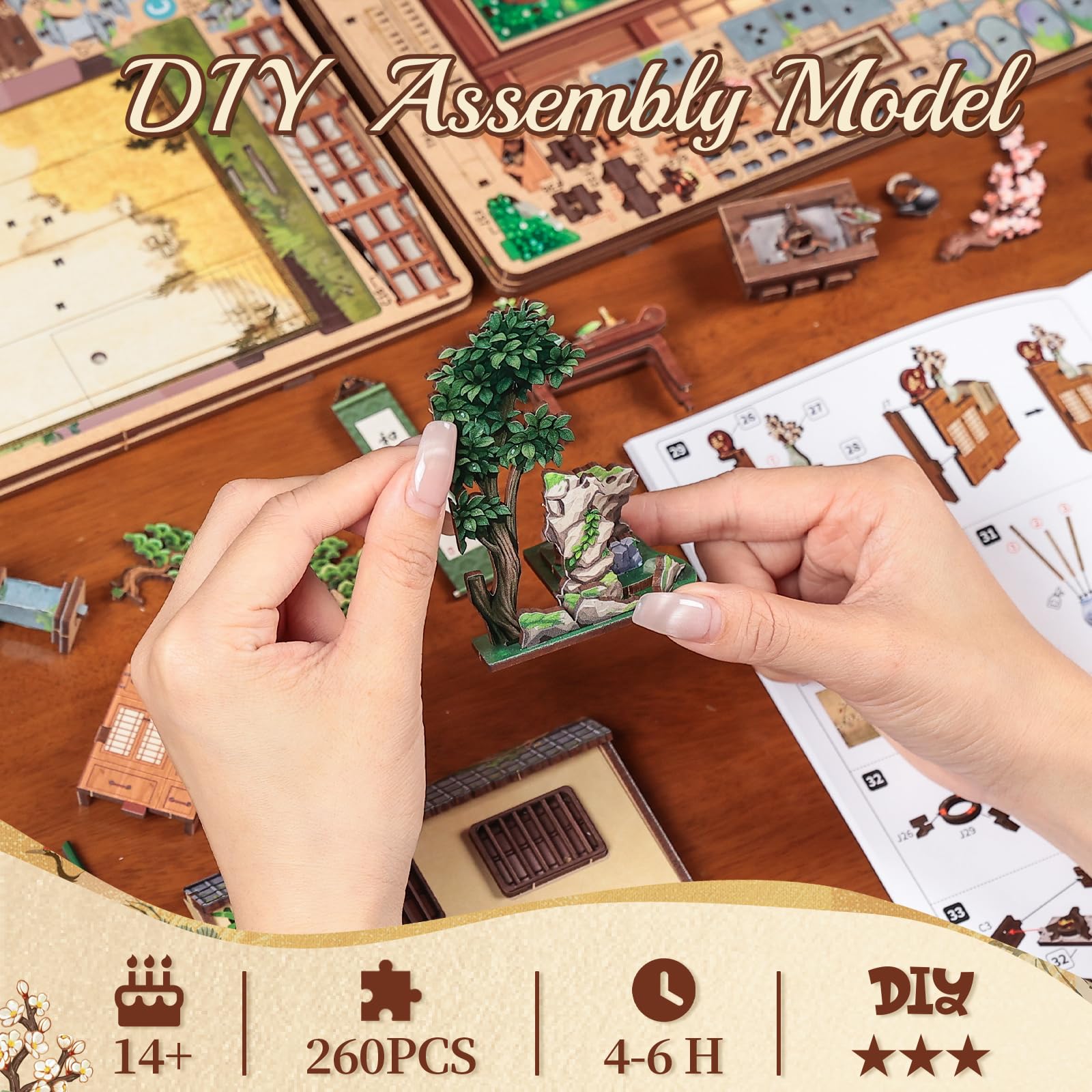 Fsolis Zestaw Book Nook Miniaturowy domek dla lalek - drewniane puzzle 3D dla dorosłych, dekoracja regału i prezent dla entuzjastów majsterkowania (ogród spokoju)