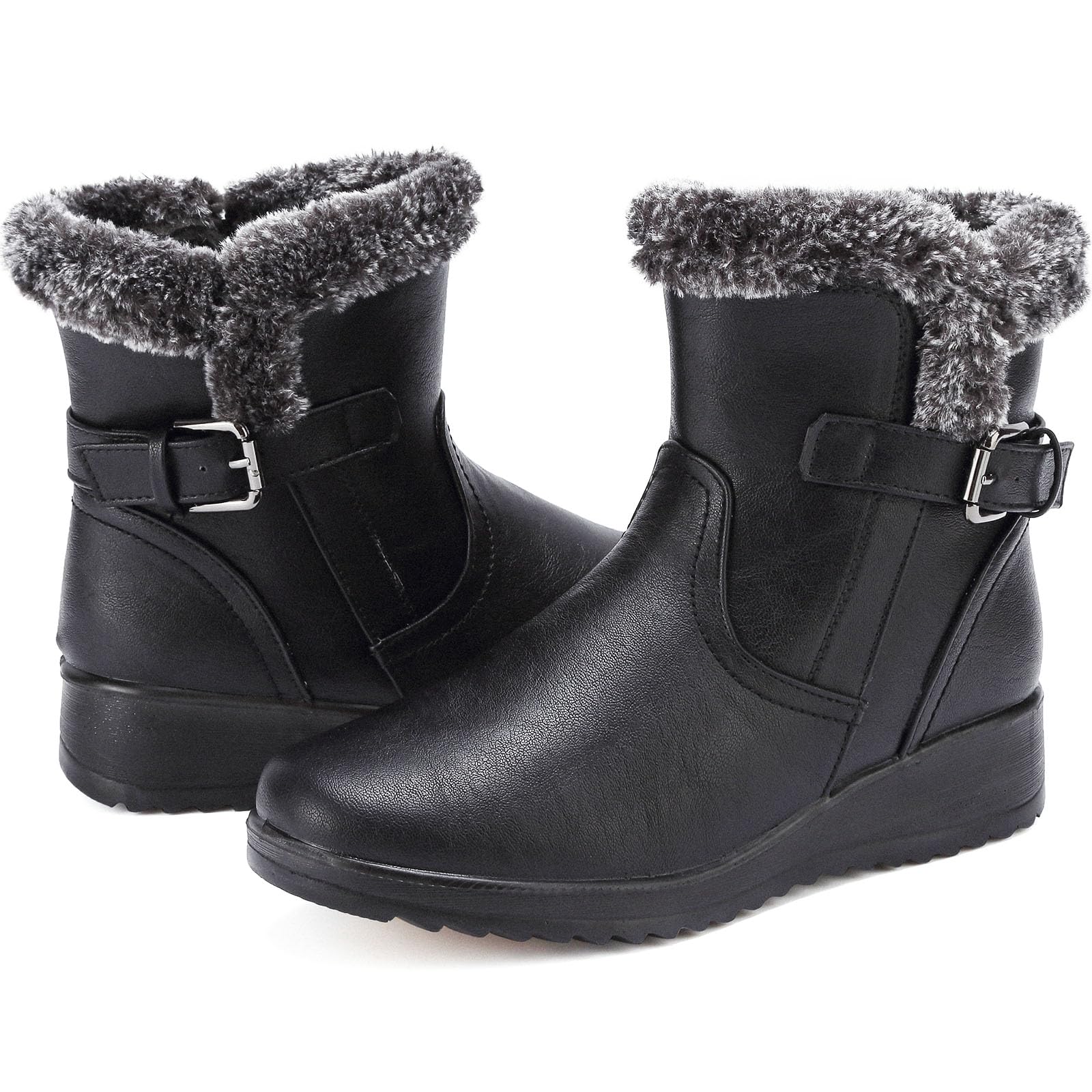 Womens Winter Snow Boots With Leather Comfortable Warm Fur Lining Zipper Ankle Booties Outdoor Platform Waterproof Walking Boots