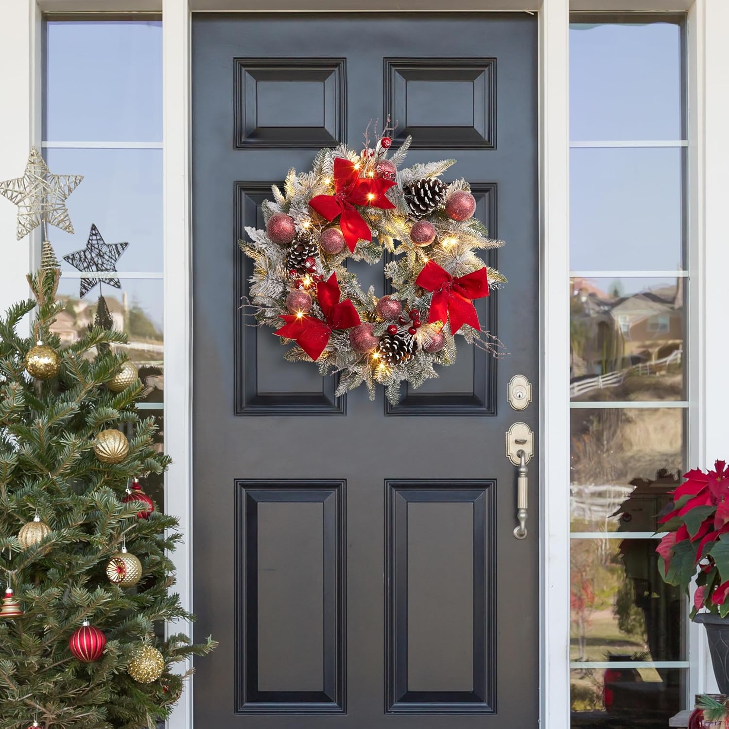 24" Pre-Lit Christmas Wreaths for Front Door, Lighted Flocked Christmas Door Wreath with 30 LED Lights, Red Balls & Bows for Xmas Wall Windows Decorations Outdoor - Image 5