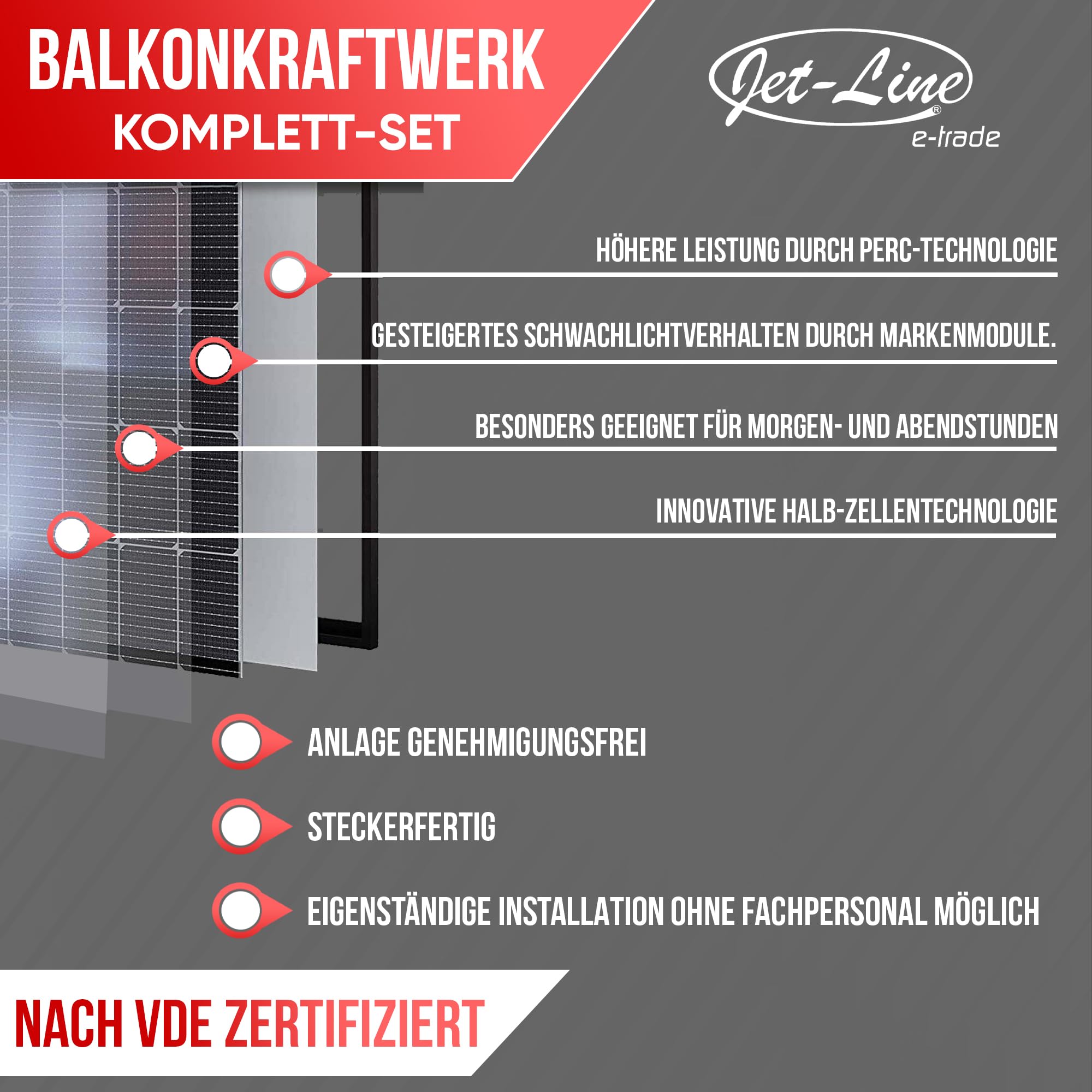 Jet-Line | Balkonsolaranlage | 830W Module | 800W/600W Wechselrichter drosselbar per App | Balkonkraftwerk komplett Steckdose | Komplettset | Photovoltaikanlagen |