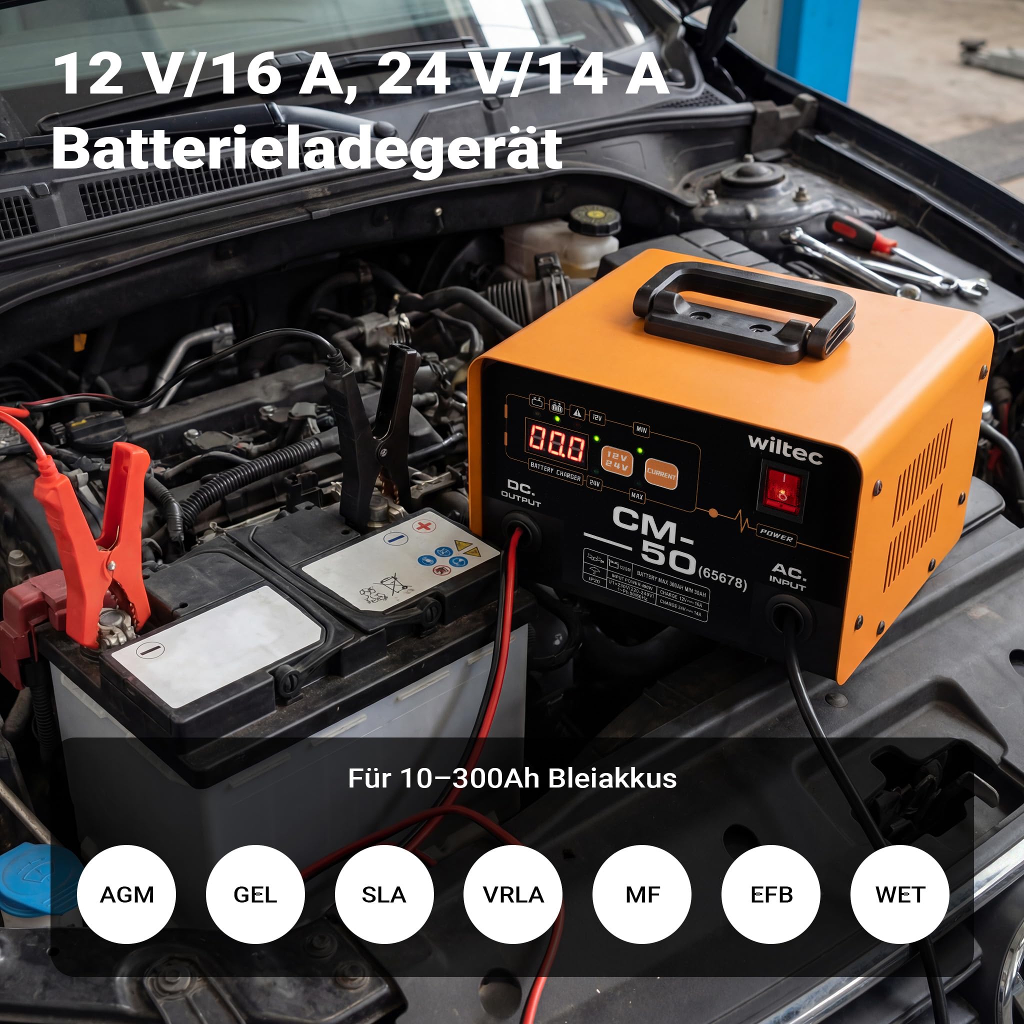 Wiltec Ladegerät 12-24 V, 16 Ah, 30-300 Ah für Autobatterie Kfz und Motorrad Starthilfe 490 W, intelligenter Lader mit LCD-Display und Tragegriff