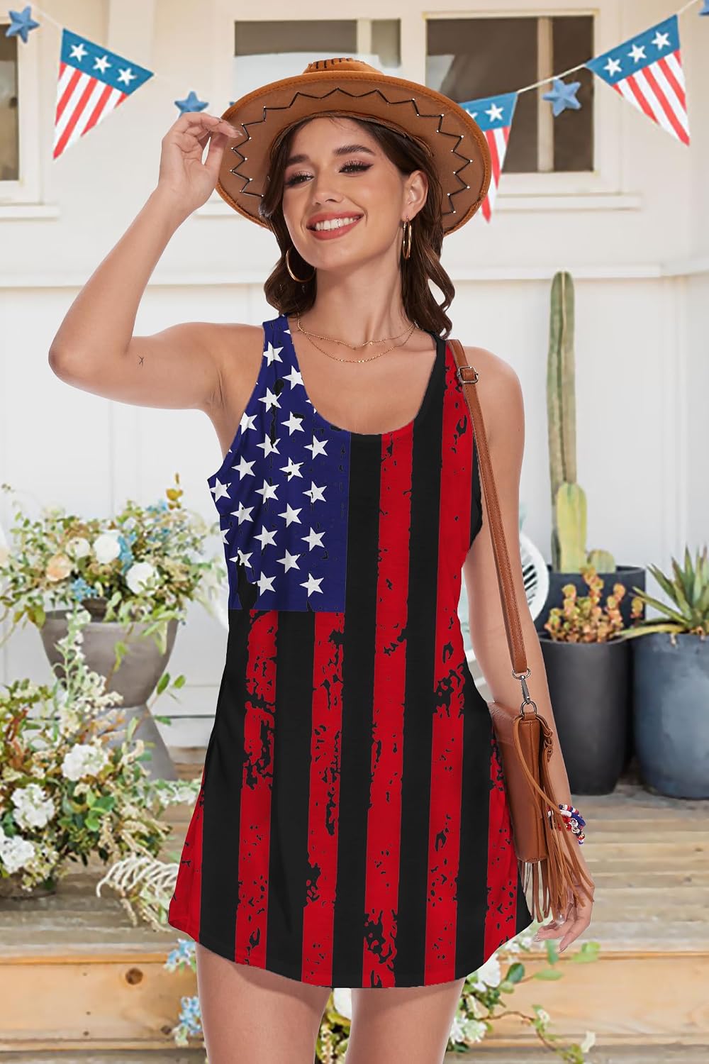 TMSD Women's Independence Day Dress American Flag Patriotic Stars Stripes Graphic Sleeveless Mini Dress