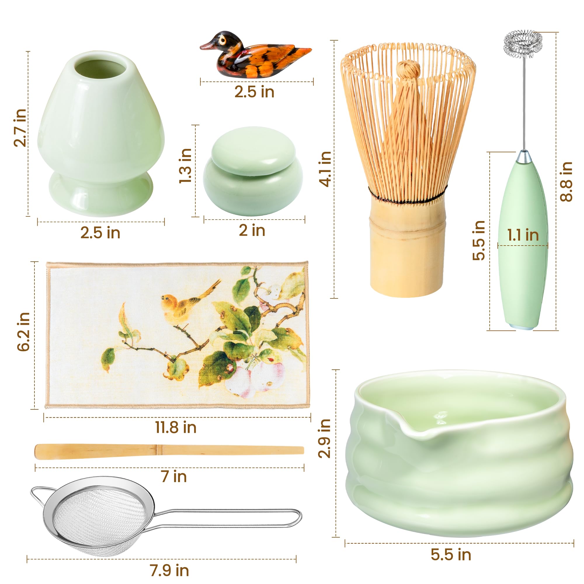 ELIMTEC Matcha-Schneebesen-Set und Schüssel-Set, Grün, 9-teilig