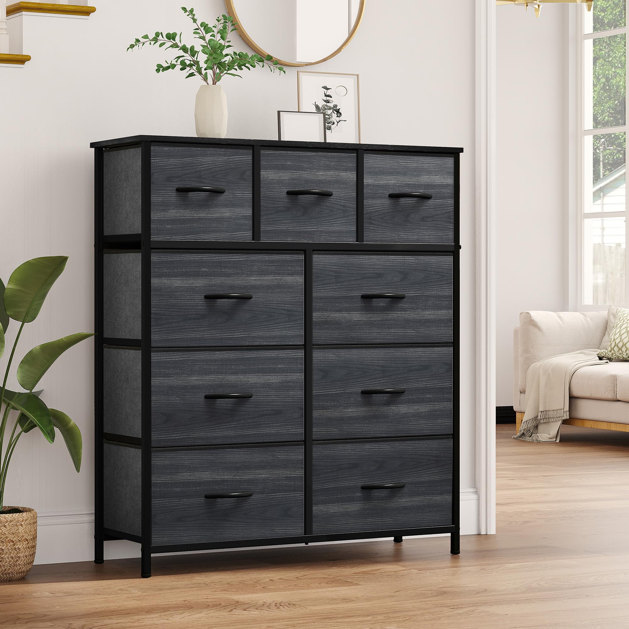 YITAHOME Dresser for Bedroom with 9 Drawers - Fabric Storage Tower, Tall Chest Organizer Unit for Living Room, Entryway, Closets with Sturdy Steel Frame, Wooden Top