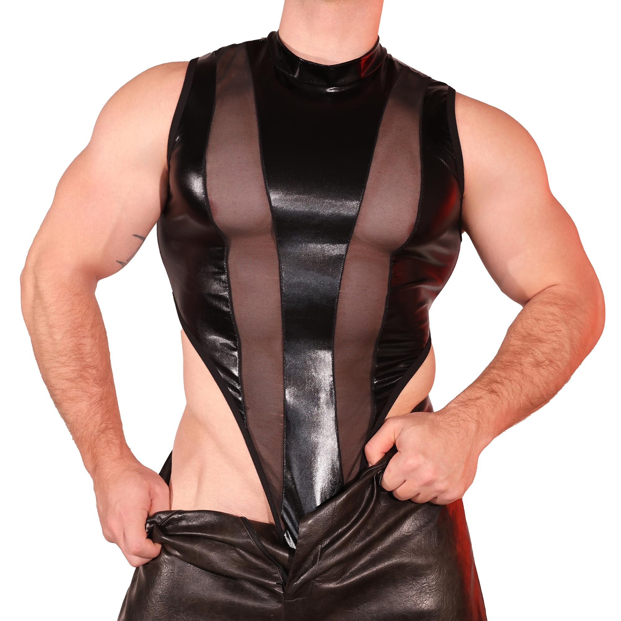 YOOBNG Mens Wrestling Singlet Metallic Bodysuit Mesh Leotards Slim Fit for Sport Gym Clubwear