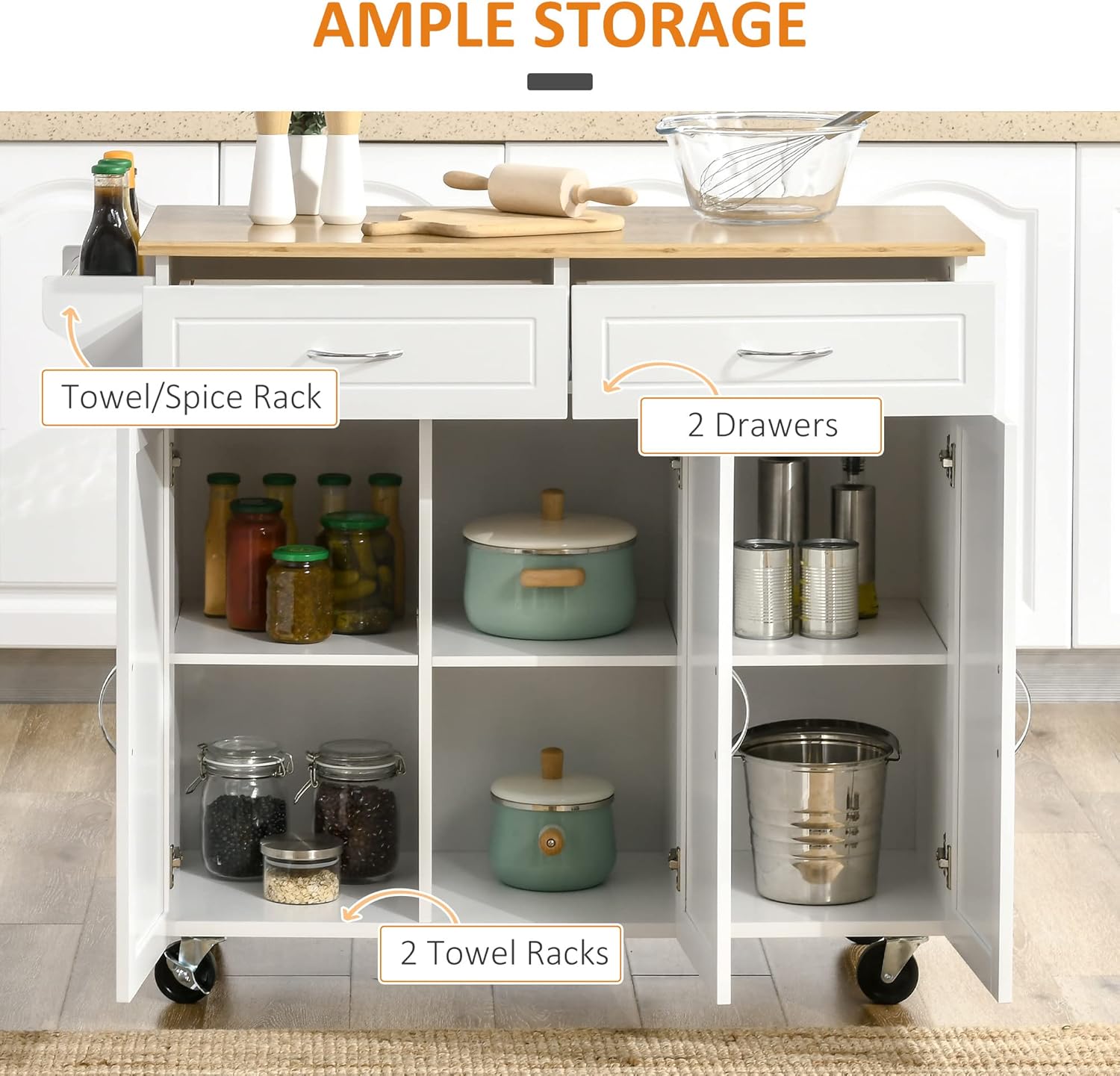 Intern view of the kitchen cart showing drawers and cabinet storage